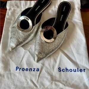 Proenza Schouler Silver Pointed-Toe Leather Mules with Circular Metal Accent